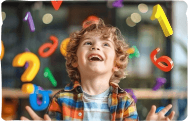 Child looking up at colorful numbers