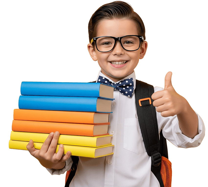 Child holding a stack of colorful books and giving a thumbs-up